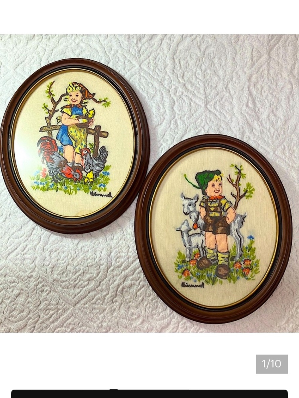 2 Vintage crewel stitched Hummel figures, Farm Girl 8039, Farm Boy 8038, framed